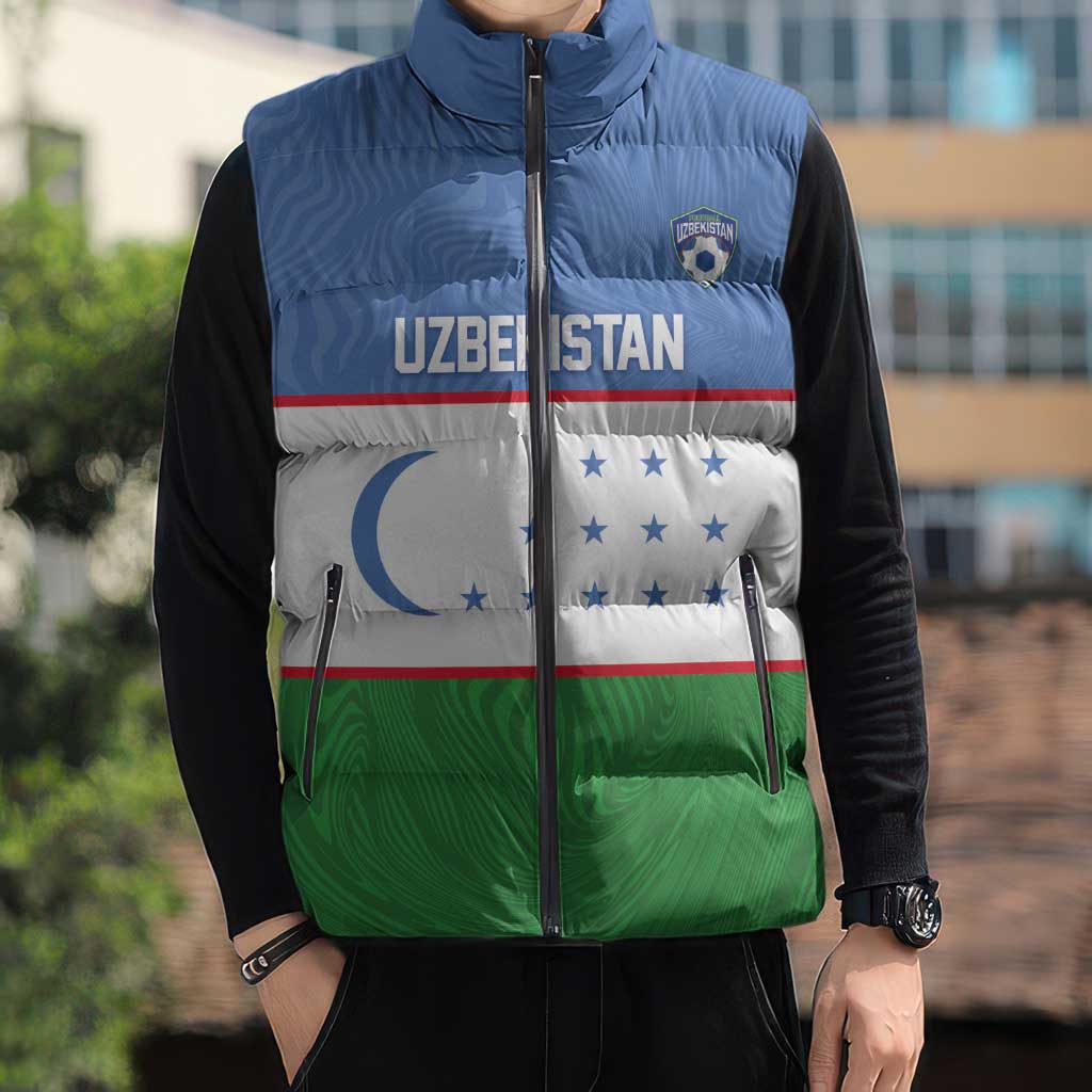 Uzbekistan Football Custom Sleeveless Puffer Jacket Come On White Wolves Flag Style - Wonder Print Shop