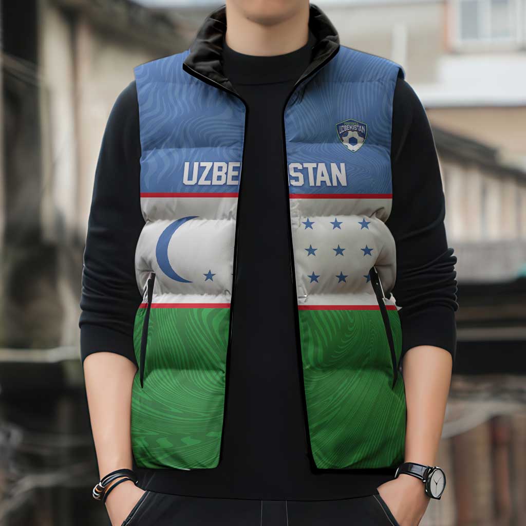 Uzbekistan Football Custom Sleeveless Puffer Jacket Come On White Wolves Flag Style - Wonder Print Shop