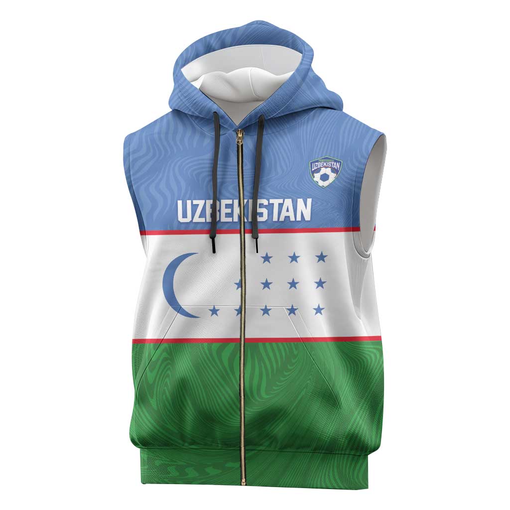 Uzbekistan Football Custom Sleeveless Zip Hoodie Come On White Wolves Flag Style - Wonder Print Shop