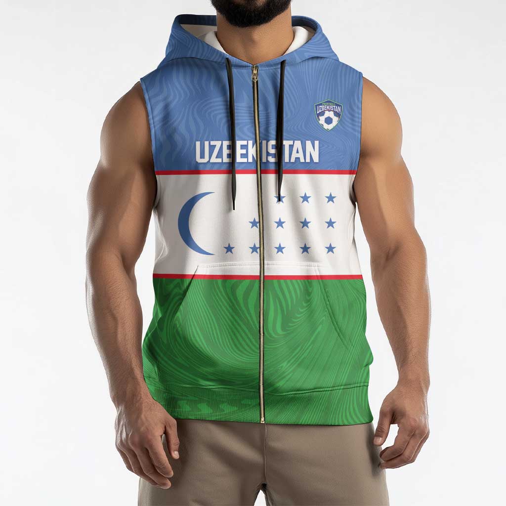 Uzbekistan Football Custom Sleeveless Zip Hoodie Come On White Wolves Flag Style - Wonder Print Shop
