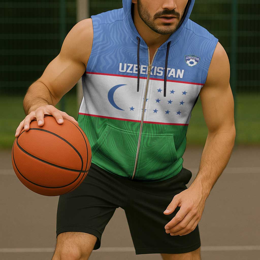 Uzbekistan Football Custom Sleeveless Zip Hoodie Come On White Wolves Flag Style - Wonder Print Shop