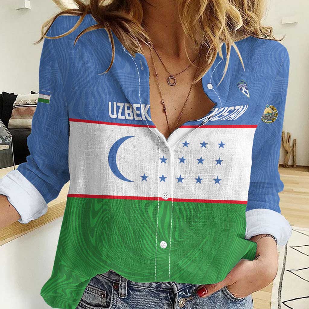 Uzbekistan Football Custom Women Casual Shirt Come On White Wolves Flag Style - Wonder Print Shop