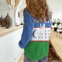 Uzbekistan Football Custom Women Casual Shirt Come On White Wolves Flag Style - Wonder Print Shop