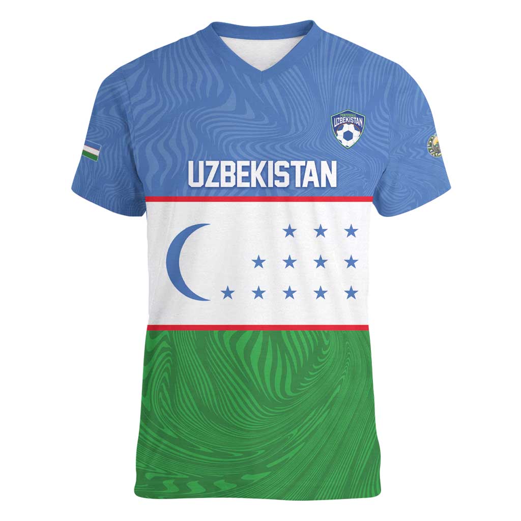 Uzbekistan Football Custom Women V-Neck T-Shirt Come On White Wolves Flag Style - Wonder Print Shop