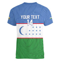 Uzbekistan Football Custom Women V-Neck T-Shirt Come On White Wolves Flag Style - Wonder Print Shop