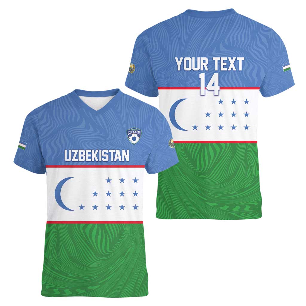 Uzbekistan Football Custom Women V-Neck T-Shirt Come On White Wolves Flag Style - Wonder Print Shop