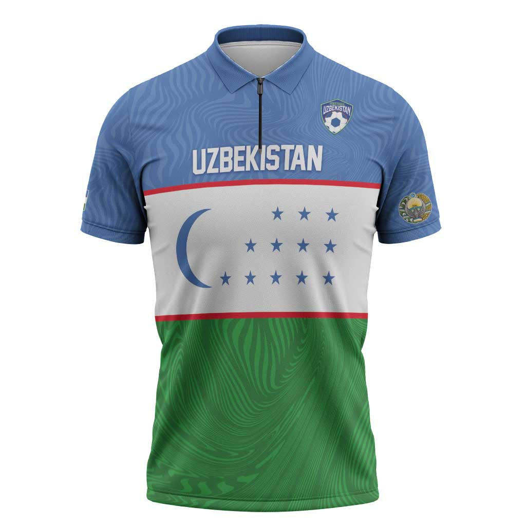Uzbekistan Football Custom Zipper Polo Shirt Come On White Wolves Flag Style - Wonder Print Shop
