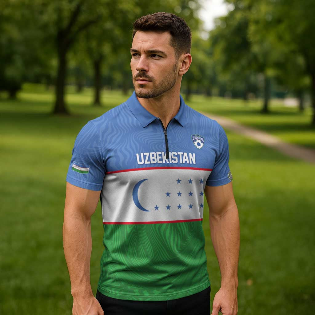 Uzbekistan Football Custom Zipper Polo Shirt Come On White Wolves Flag Style - Wonder Print Shop