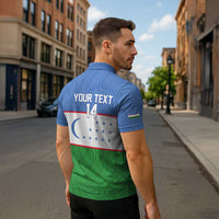 Uzbekistan Football Custom Zipper Polo Shirt Come On White Wolves Flag Style - Wonder Print Shop