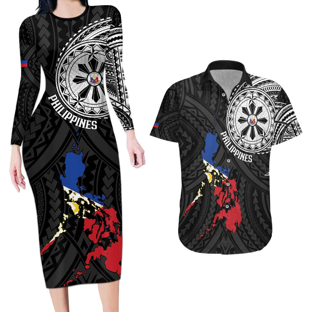 Philippines Strong Couples Matching Long Sleeve Bodycon Dress and Hawaiian Shirt Filipino Map Polynesian Tattoo - Wonder Print Shop