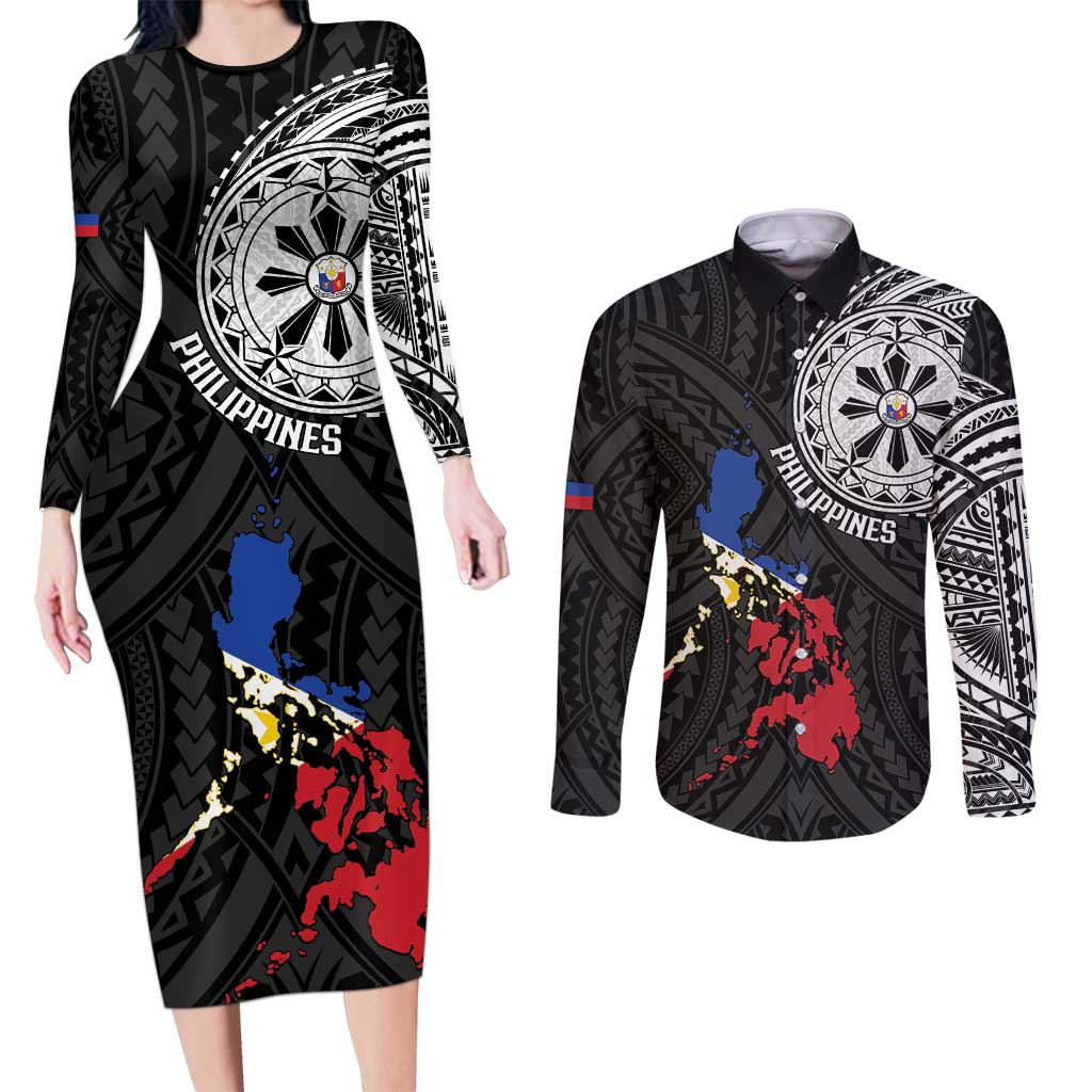 Philippines Strong Couples Matching Long Sleeve Bodycon Dress and Long Sleeve Button Shirt Filipino Map Polynesian Tattoo - Wonder Print Shop
