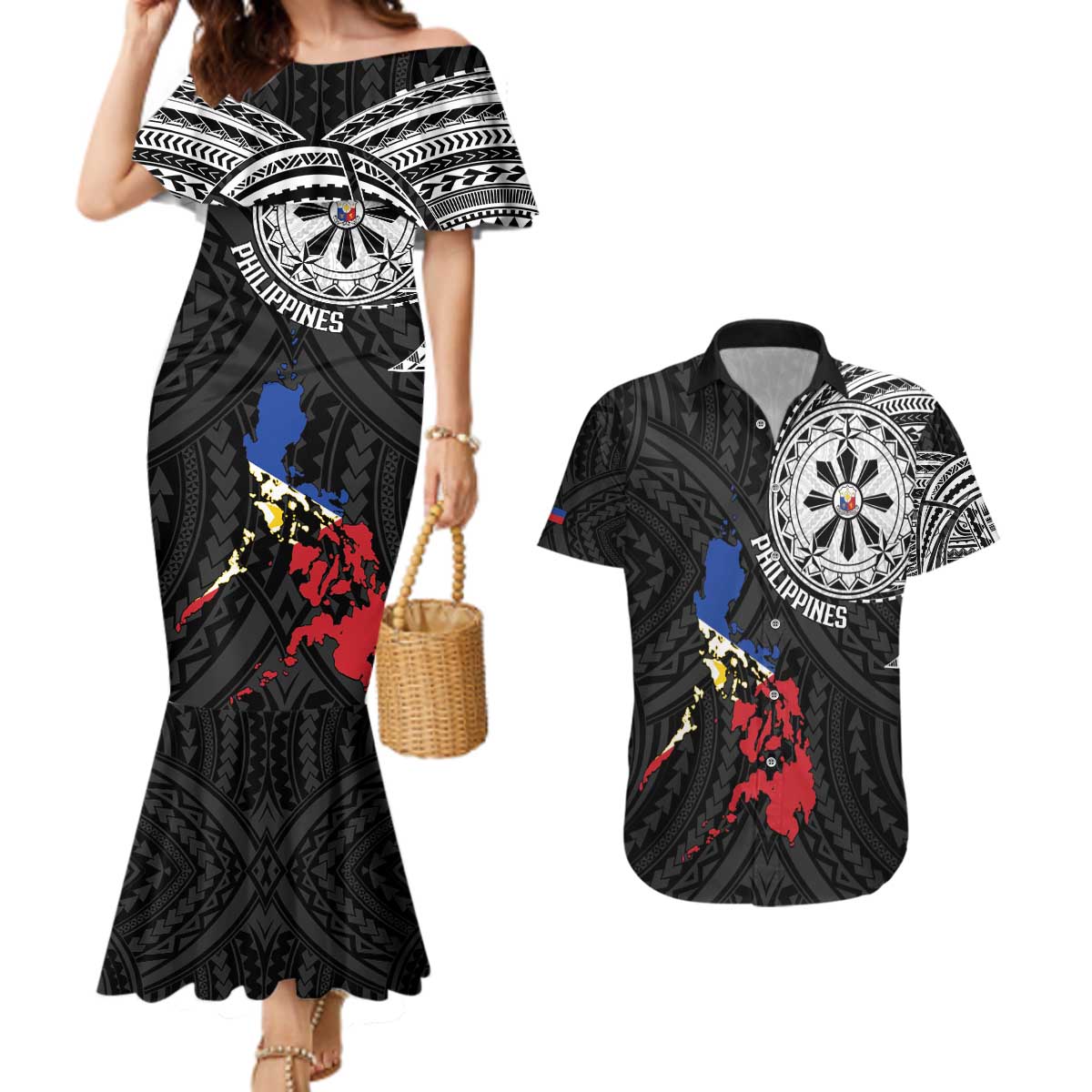 Philippines Strong Couples Matching Mermaid Dress and Hawaiian Shirt Filipino Map Polynesian Tattoo - Wonder Print Shop