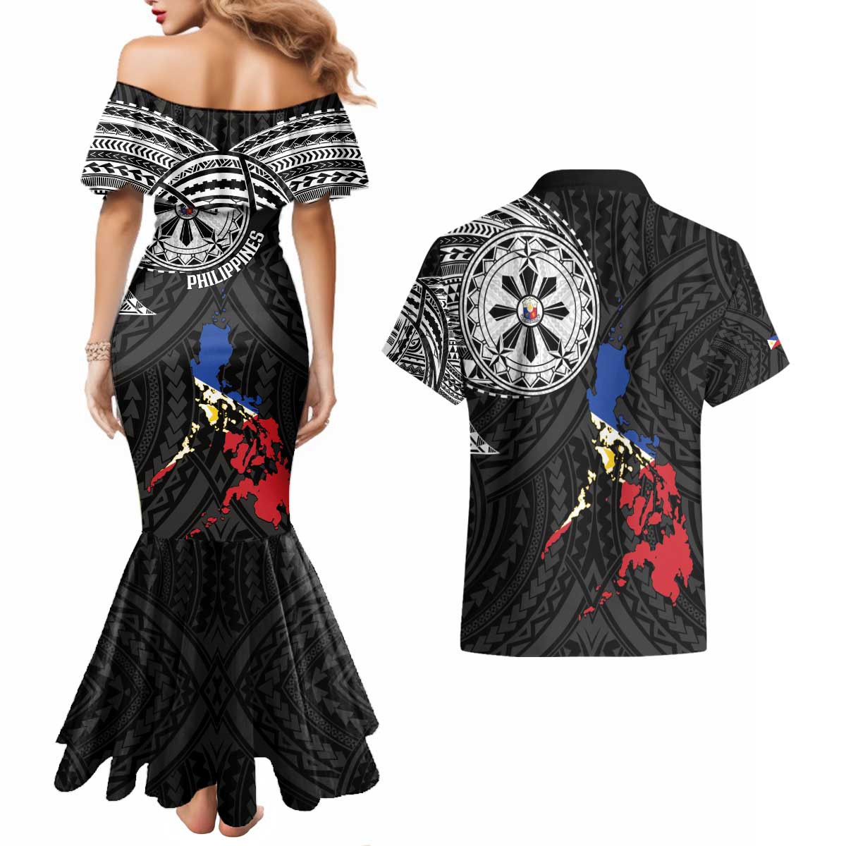Philippines Strong Couples Matching Mermaid Dress and Hawaiian Shirt Filipino Map Polynesian Tattoo - Wonder Print Shop
