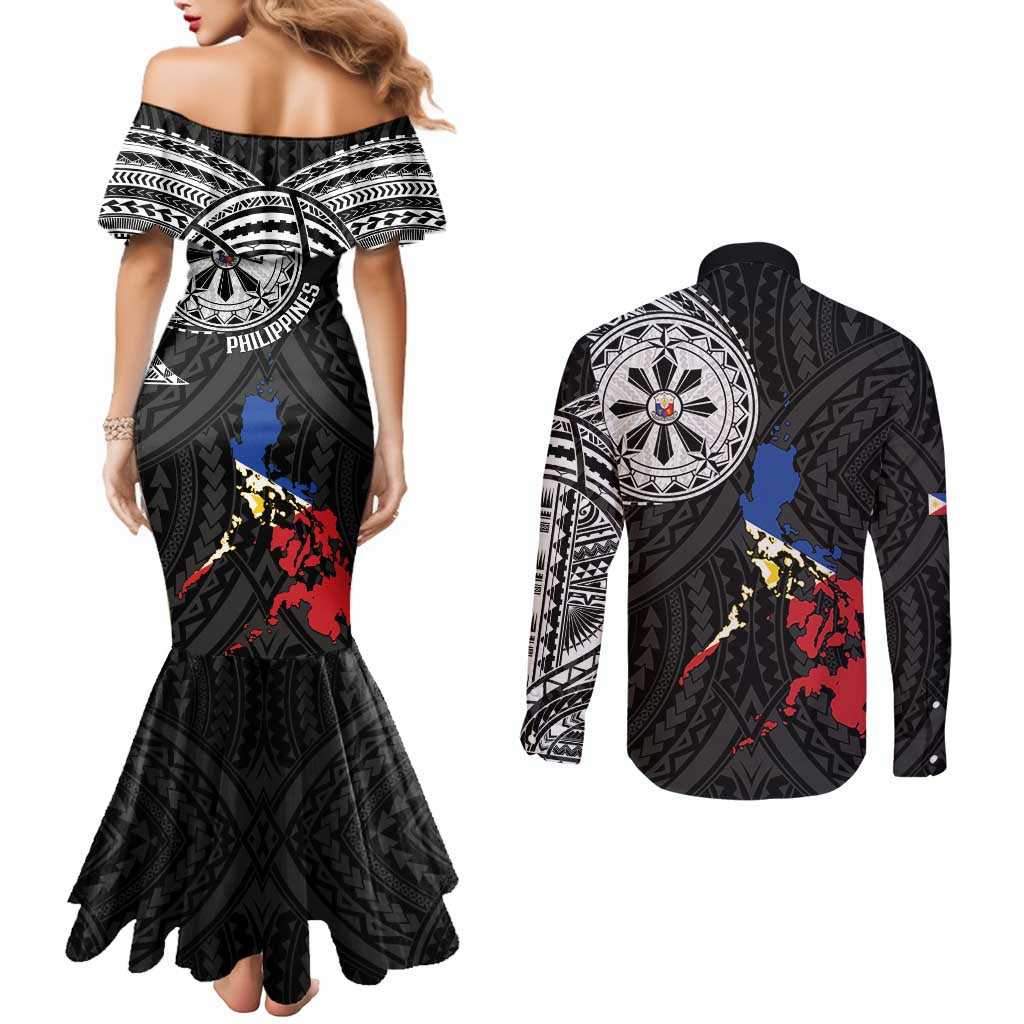 Philippines Strong Couples Matching Mermaid Dress and Long Sleeve Button Shirt Filipino Map Polynesian Tattoo - Wonder Print Shop