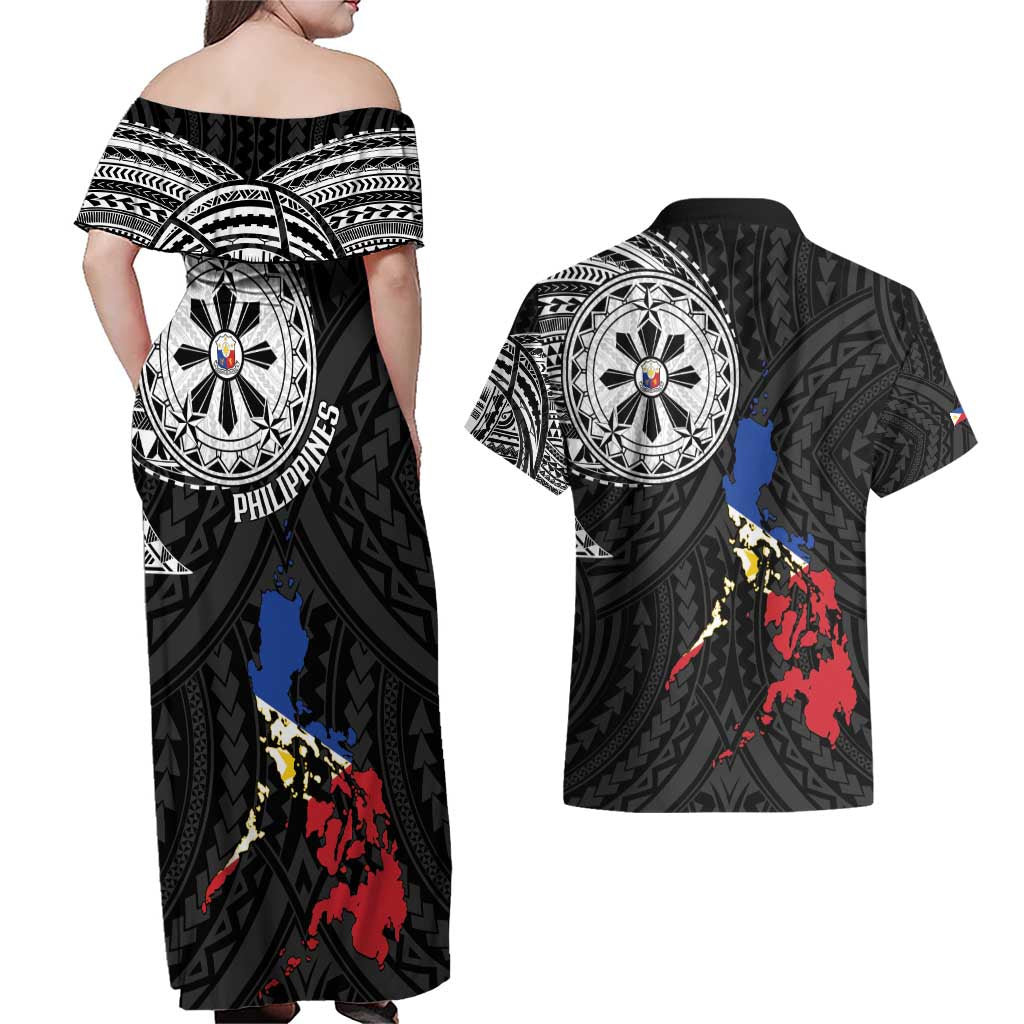 Philippines Strong Couples Matching Off Shoulder Maxi Dress and Hawaiian Shirt Filipino Map Polynesian Tattoo - Wonder Print Shop