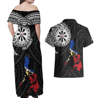 Philippines Strong Couples Matching Off Shoulder Maxi Dress and Hawaiian Shirt Filipino Map Polynesian Tattoo - Wonder Print Shop