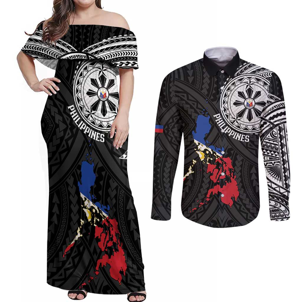 Philippines Strong Couples Matching Off Shoulder Maxi Dress and Long Sleeve Button Shirt Filipino Map Polynesian Tattoo - Wonder Print Shop