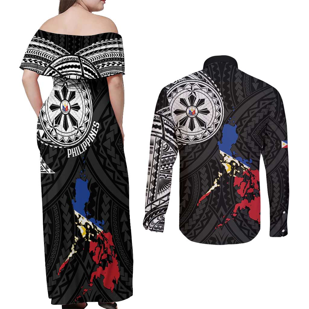 Philippines Strong Couples Matching Off Shoulder Maxi Dress and Long Sleeve Button Shirt Filipino Map Polynesian Tattoo - Wonder Print Shop