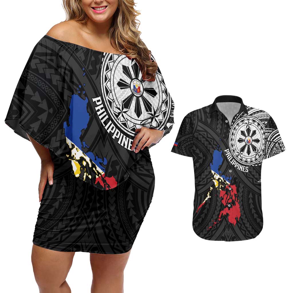 Philippines Strong Couples Matching Off Shoulder Short Dress and Hawaiian Shirt Filipino Map Polynesian Tattoo - Wonder Print Shop