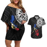 Philippines Strong Couples Matching Off Shoulder Short Dress and Hawaiian Shirt Filipino Map Polynesian Tattoo - Wonder Print Shop