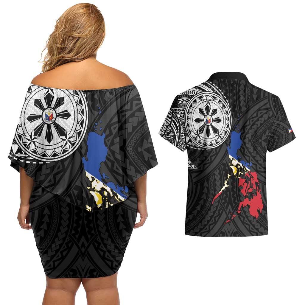 Philippines Strong Couples Matching Off Shoulder Short Dress and Hawaiian Shirt Filipino Map Polynesian Tattoo - Wonder Print Shop