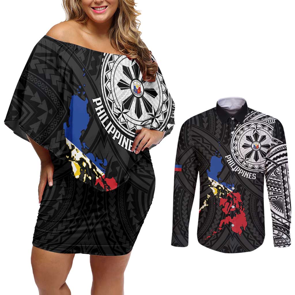 Philippines Strong Couples Matching Off Shoulder Short Dress and Long Sleeve Button Shirt Filipino Map Polynesian Tattoo - Wonder Print Shop