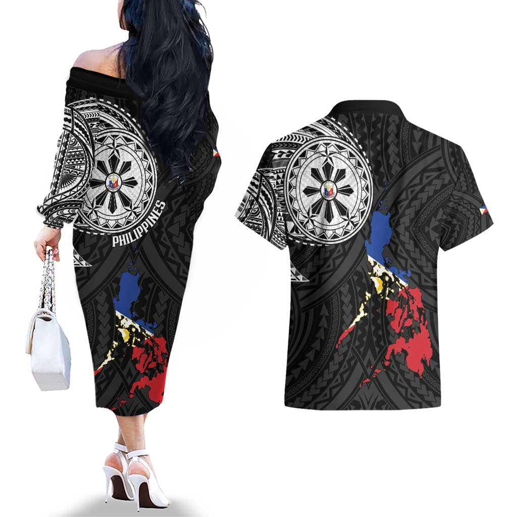 Philippines Strong Couples Matching Off The Shoulder Long Sleeve Dress and Hawaiian Shirt Filipino Map Polynesian Tattoo - Wonder Print Shop