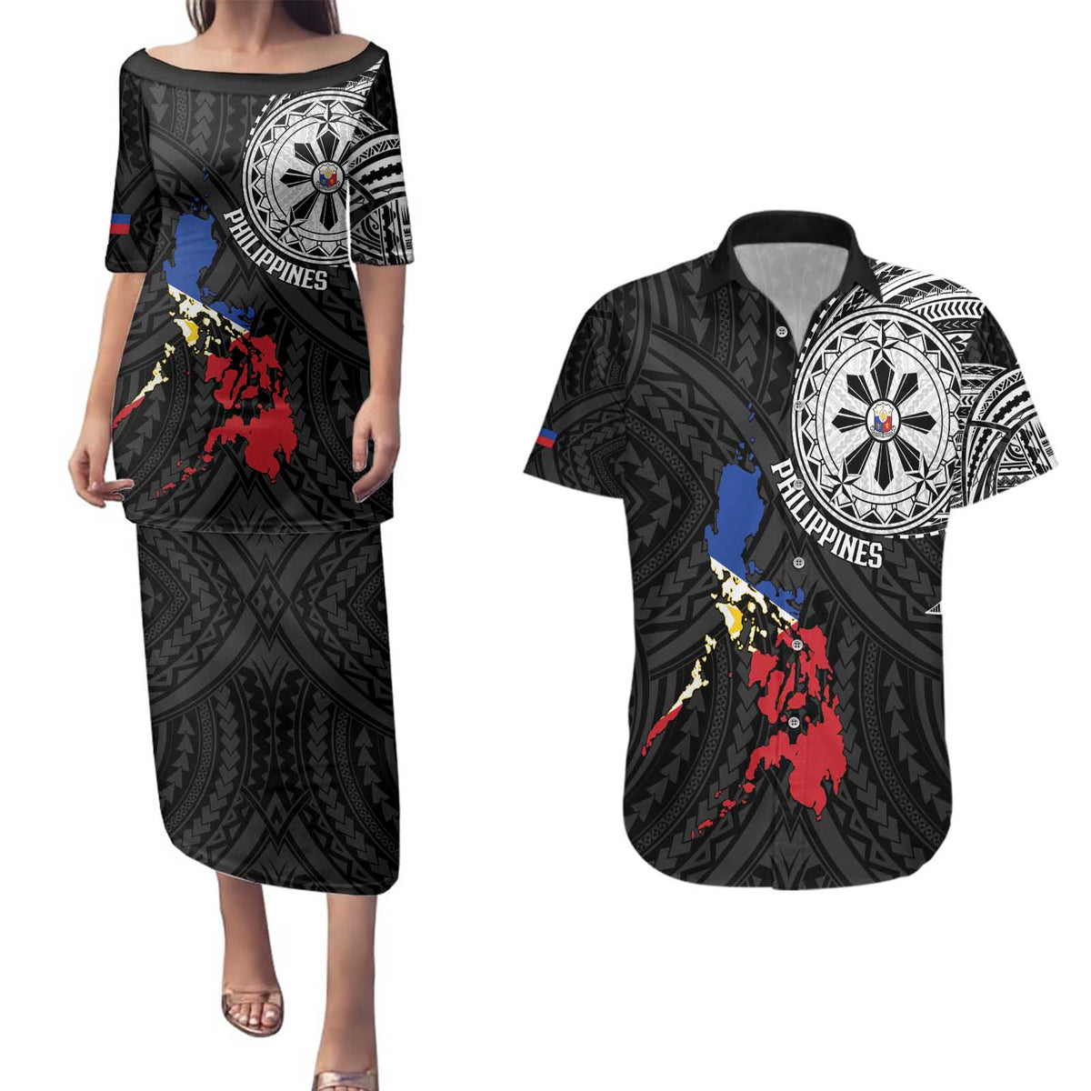 Philippines Strong Couples Matching Puletasi and Hawaiian Shirt Filipino Map Polynesian Tattoo - Wonder Print Shop