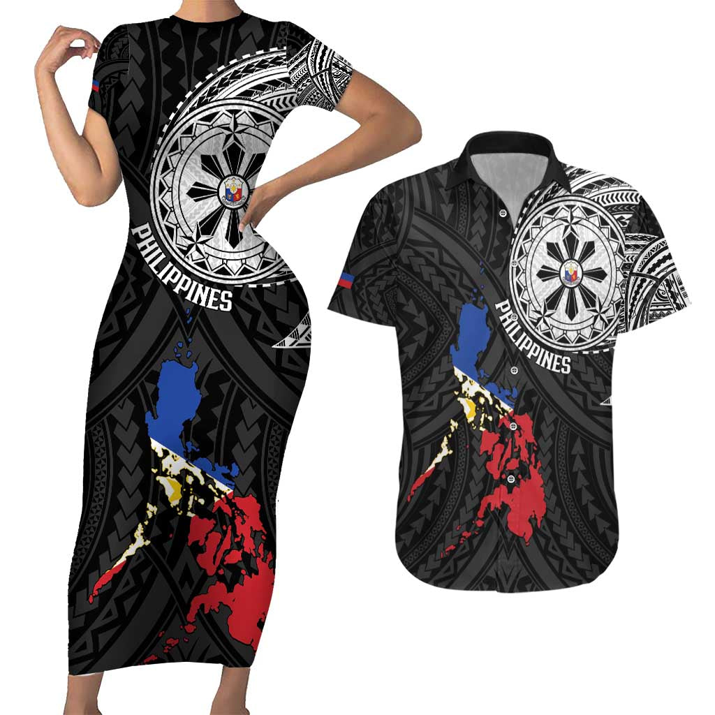 Philippines Strong Couples Matching Short Sleeve Bodycon Dress and Hawaiian Shirt Filipino Map Polynesian Tattoo - Wonder Print Shop