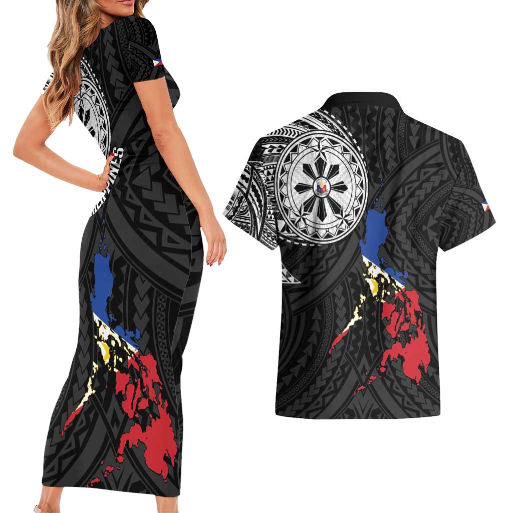 Philippines Strong Couples Matching Short Sleeve Bodycon Dress and Hawaiian Shirt Filipino Map Polynesian Tattoo - Wonder Print Shop
