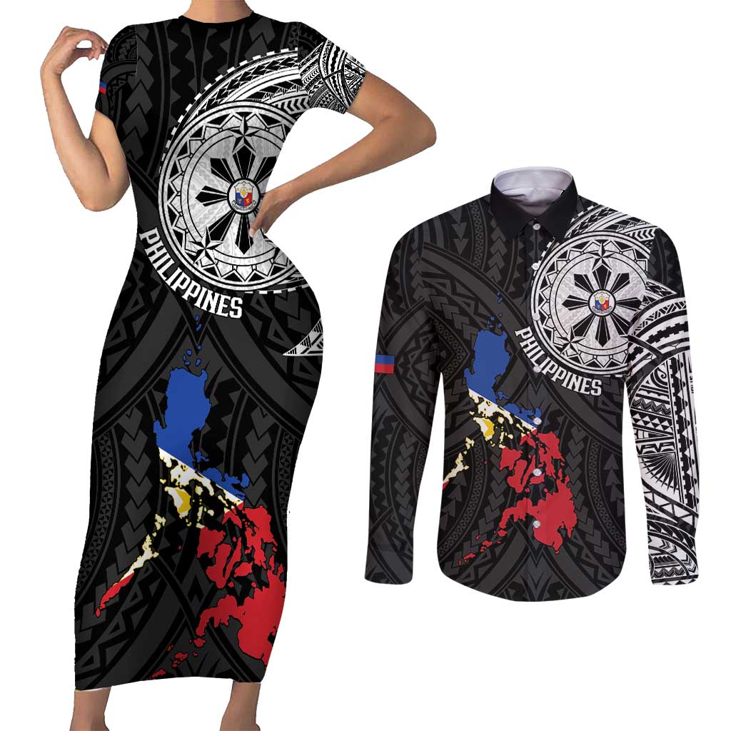 Philippines Strong Couples Matching Short Sleeve Bodycon Dress and Long Sleeve Button Shirt Filipino Map Polynesian Tattoo - Wonder Print Shop