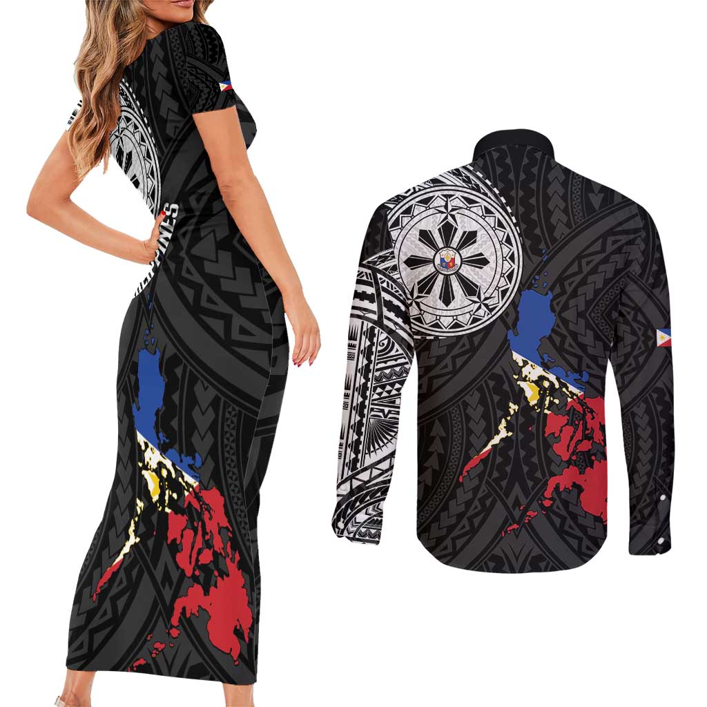 Philippines Strong Couples Matching Short Sleeve Bodycon Dress and Long Sleeve Button Shirt Filipino Map Polynesian Tattoo - Wonder Print Shop