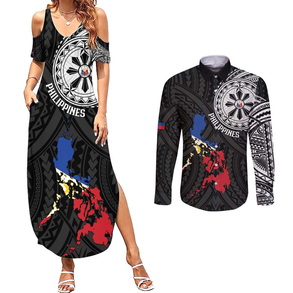 Philippines Strong Couples Matching Summer Maxi Dress and Long Sleeve Button Shirt Filipino Map Polynesian Tattoo - Wonder Print Shop