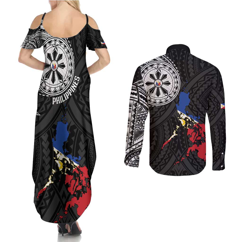 Philippines Strong Couples Matching Summer Maxi Dress and Long Sleeve Button Shirt Filipino Map Polynesian Tattoo - Wonder Print Shop