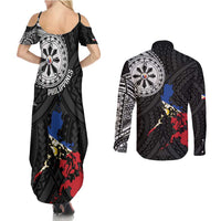 Philippines Strong Couples Matching Summer Maxi Dress and Long Sleeve Button Shirt Filipino Map Polynesian Tattoo - Wonder Print Shop