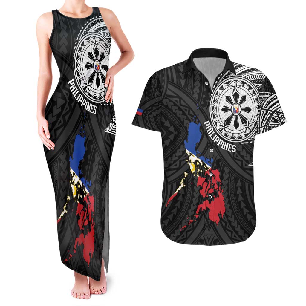 Philippines Strong Couples Matching Tank Maxi Dress and Hawaiian Shirt Filipino Map Polynesian Tattoo - Wonder Print Shop