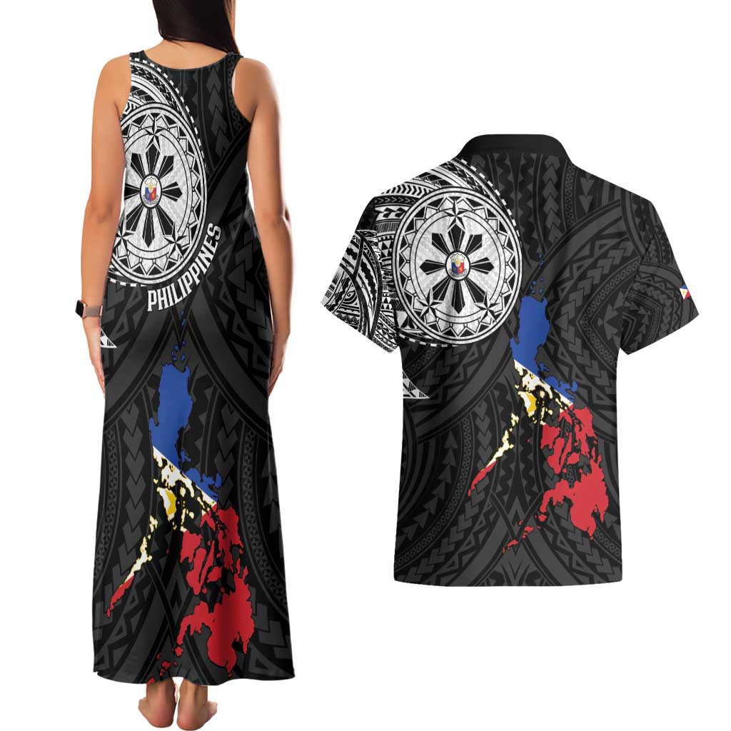 Philippines Strong Couples Matching Tank Maxi Dress and Hawaiian Shirt Filipino Map Polynesian Tattoo - Wonder Print Shop
