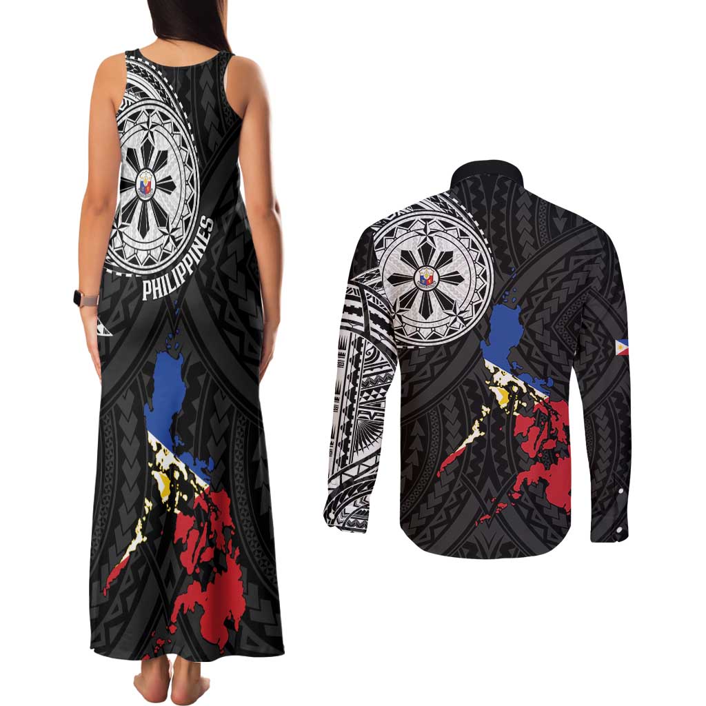 Philippines Strong Couples Matching Tank Maxi Dress and Long Sleeve Button Shirt Filipino Map Polynesian Tattoo - Wonder Print Shop