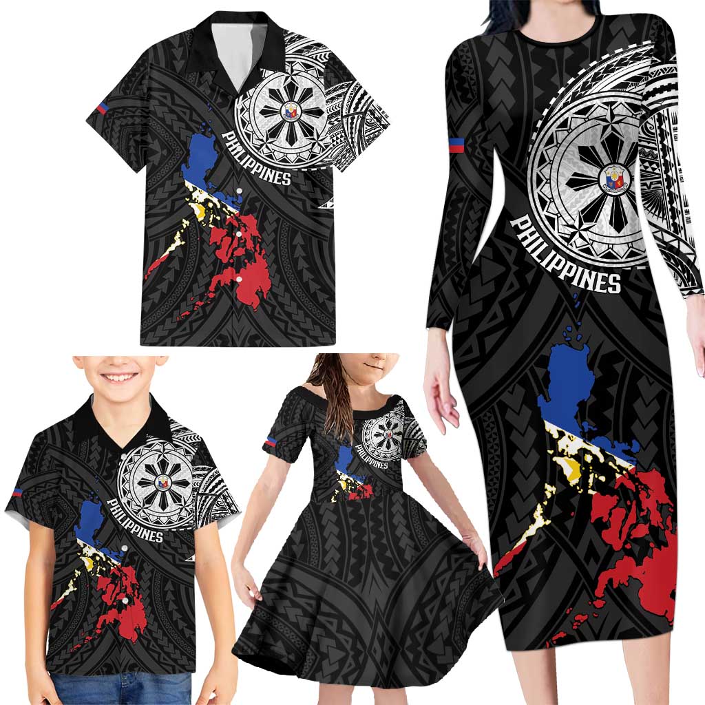 Philippines Strong Family Matching Long Sleeve Bodycon Dress and Hawaiian Shirt Filipino Map Polynesian Tattoo - Wonder Print Shop