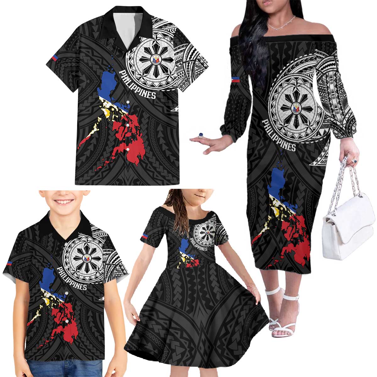 Philippines Strong Family Matching Off The Shoulder Long Sleeve Dress and Hawaiian Shirt Filipino Map Polynesian Tattoo - Wonder Print Shop