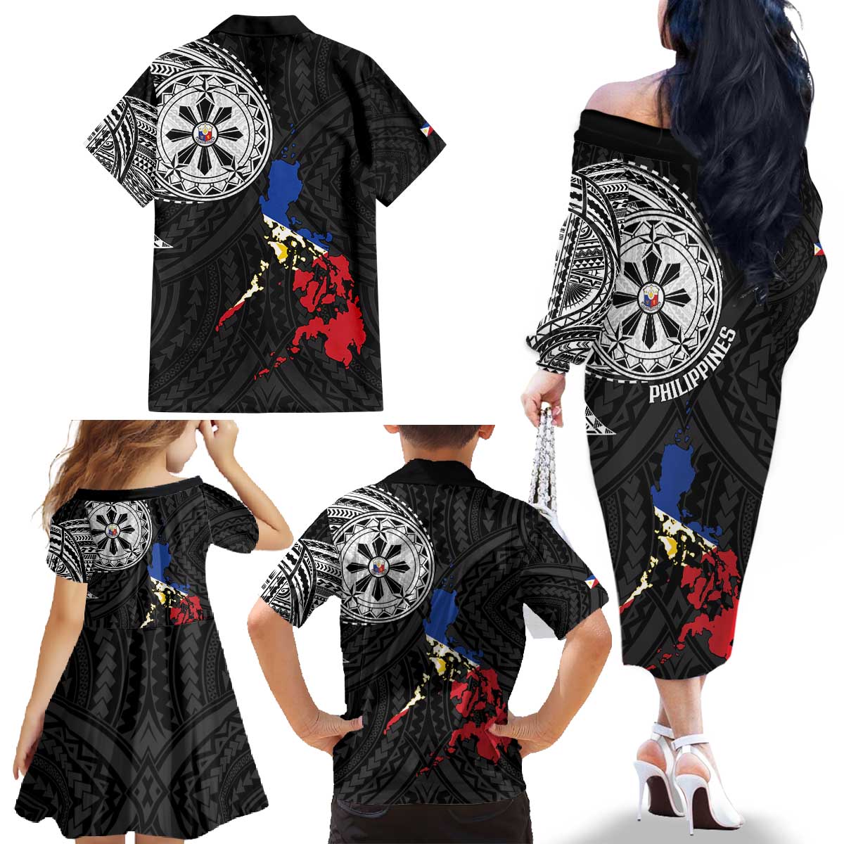 Philippines Strong Family Matching Off The Shoulder Long Sleeve Dress and Hawaiian Shirt Filipino Map Polynesian Tattoo - Wonder Print Shop