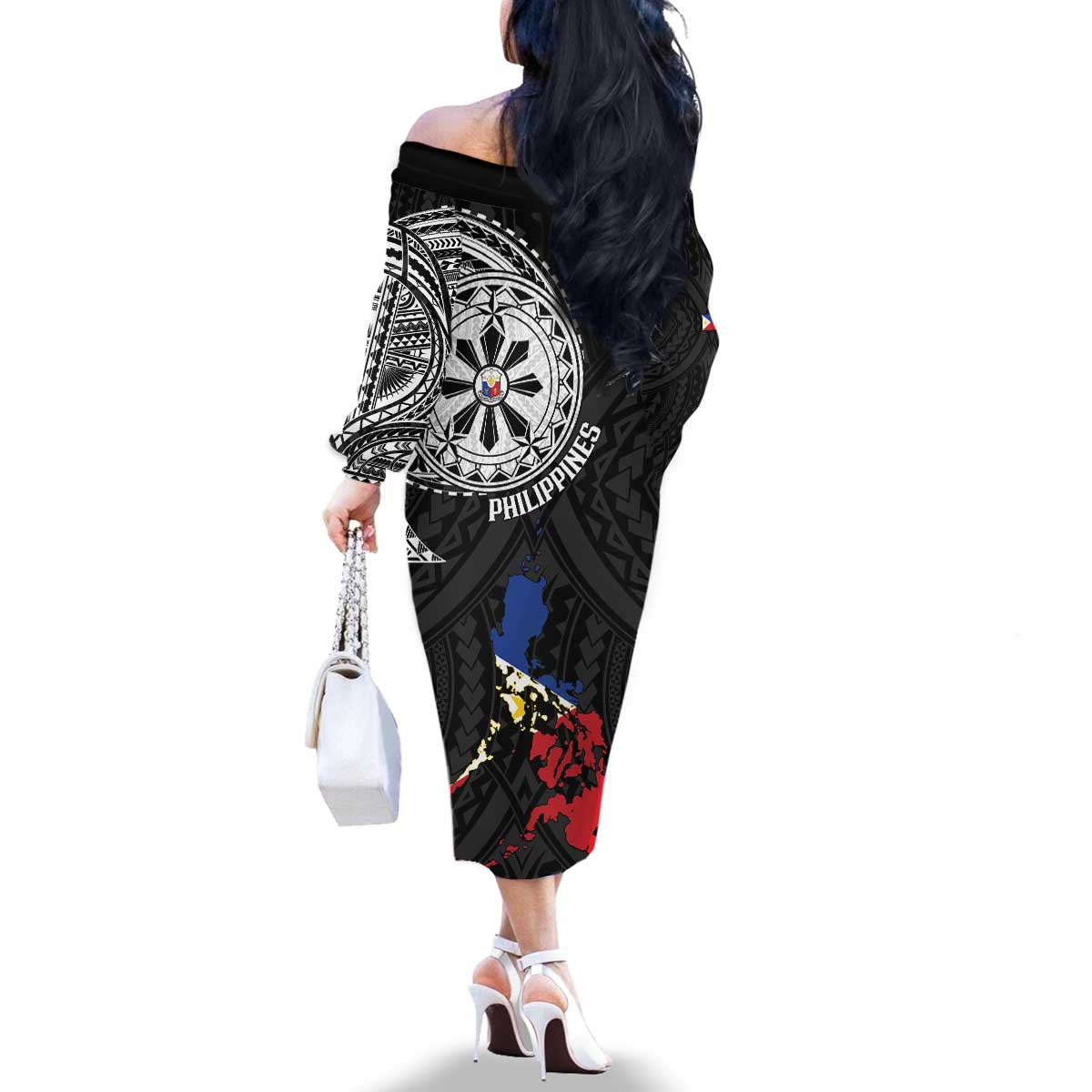 Philippines Strong Family Matching Off The Shoulder Long Sleeve Dress and Hawaiian Shirt Filipino Map Polynesian Tattoo - Wonder Print Shop