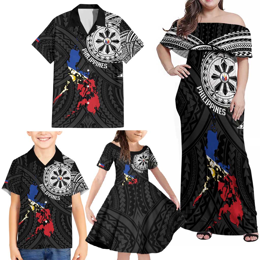 Philippines Strong Family Matching Off Shoulder Maxi Dress and Hawaiian Shirt Filipino Map Polynesian Tattoo - Wonder Print Shop