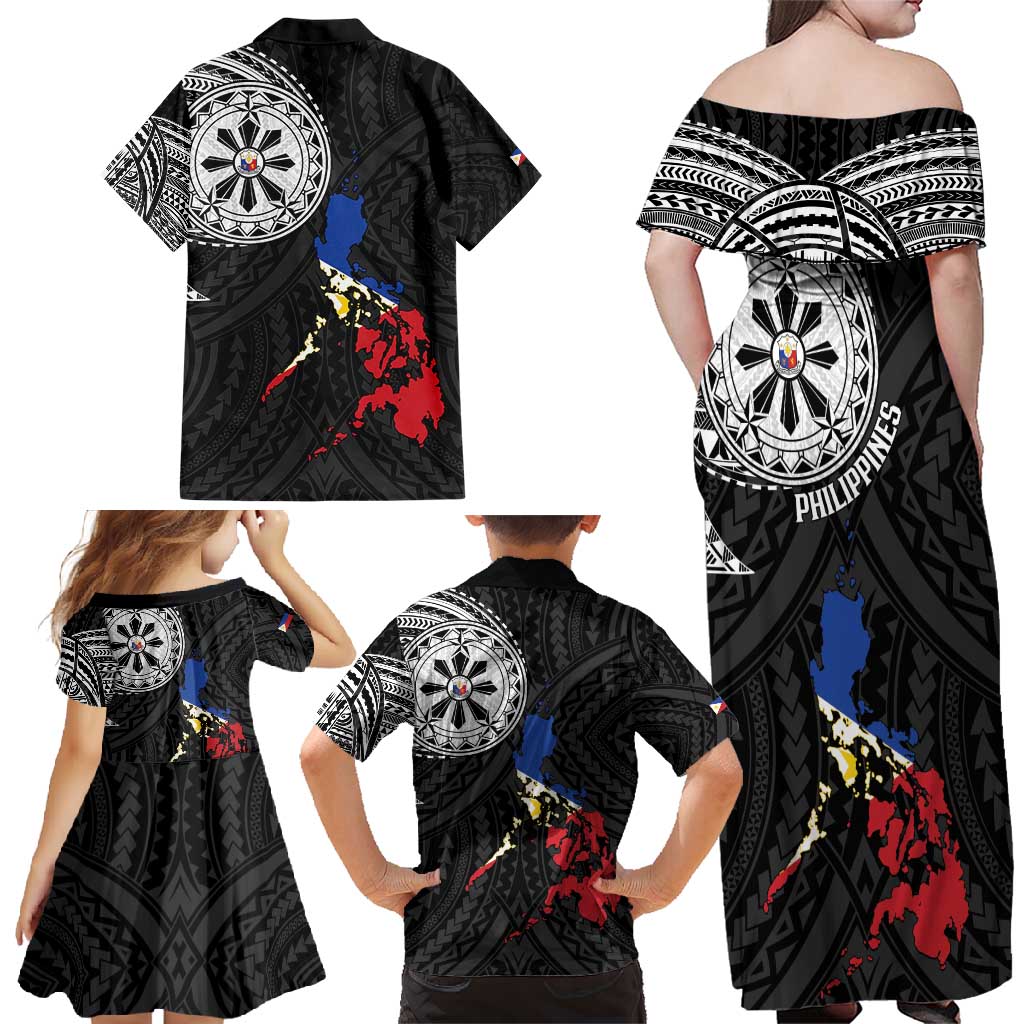 Philippines Strong Family Matching Off Shoulder Maxi Dress and Hawaiian Shirt Filipino Map Polynesian Tattoo - Wonder Print Shop