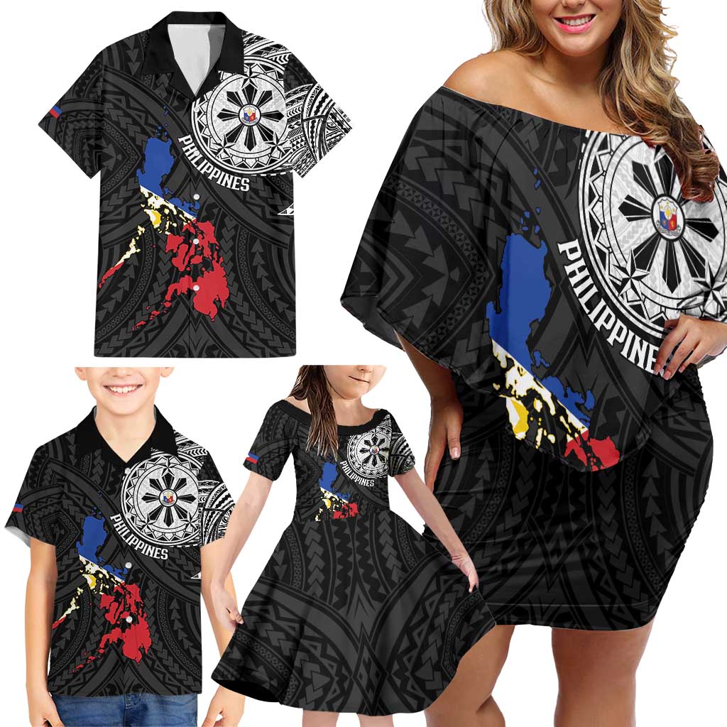 Philippines Strong Family Matching Off Shoulder Short Dress and Hawaiian Shirt Filipino Map Polynesian Tattoo - Wonder Print Shop