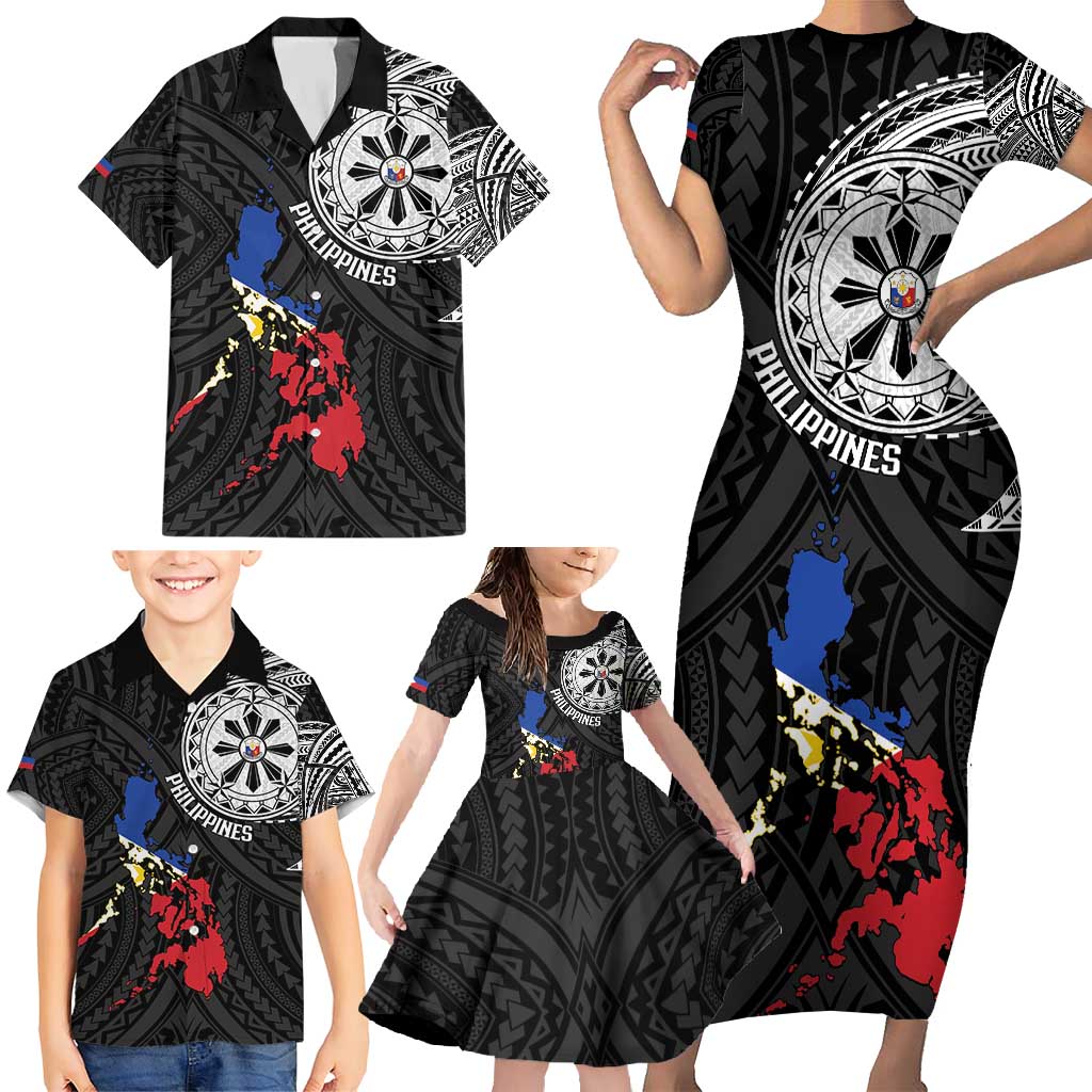 Philippines Strong Family Matching Short Sleeve Bodycon Dress and Hawaiian Shirt Filipino Map Polynesian Tattoo - Wonder Print Shop