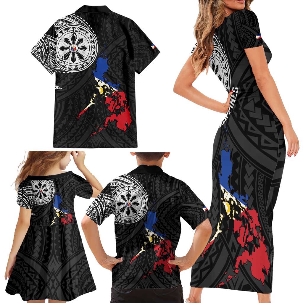 Philippines Strong Family Matching Short Sleeve Bodycon Dress and Hawaiian Shirt Filipino Map Polynesian Tattoo - Wonder Print Shop