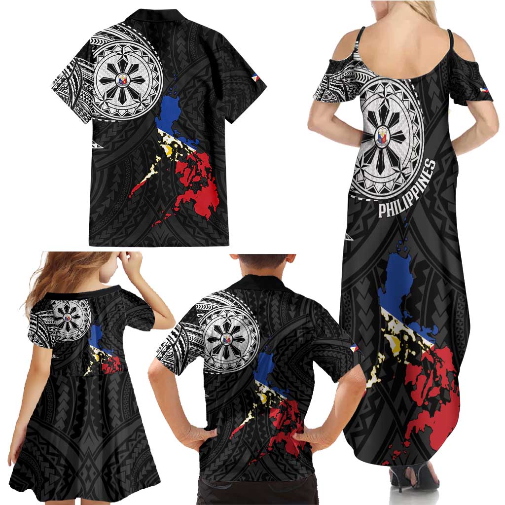 Philippines Strong Family Matching Summer Maxi Dress and Hawaiian Shirt Filipino Map Polynesian Tattoo - Wonder Print Shop