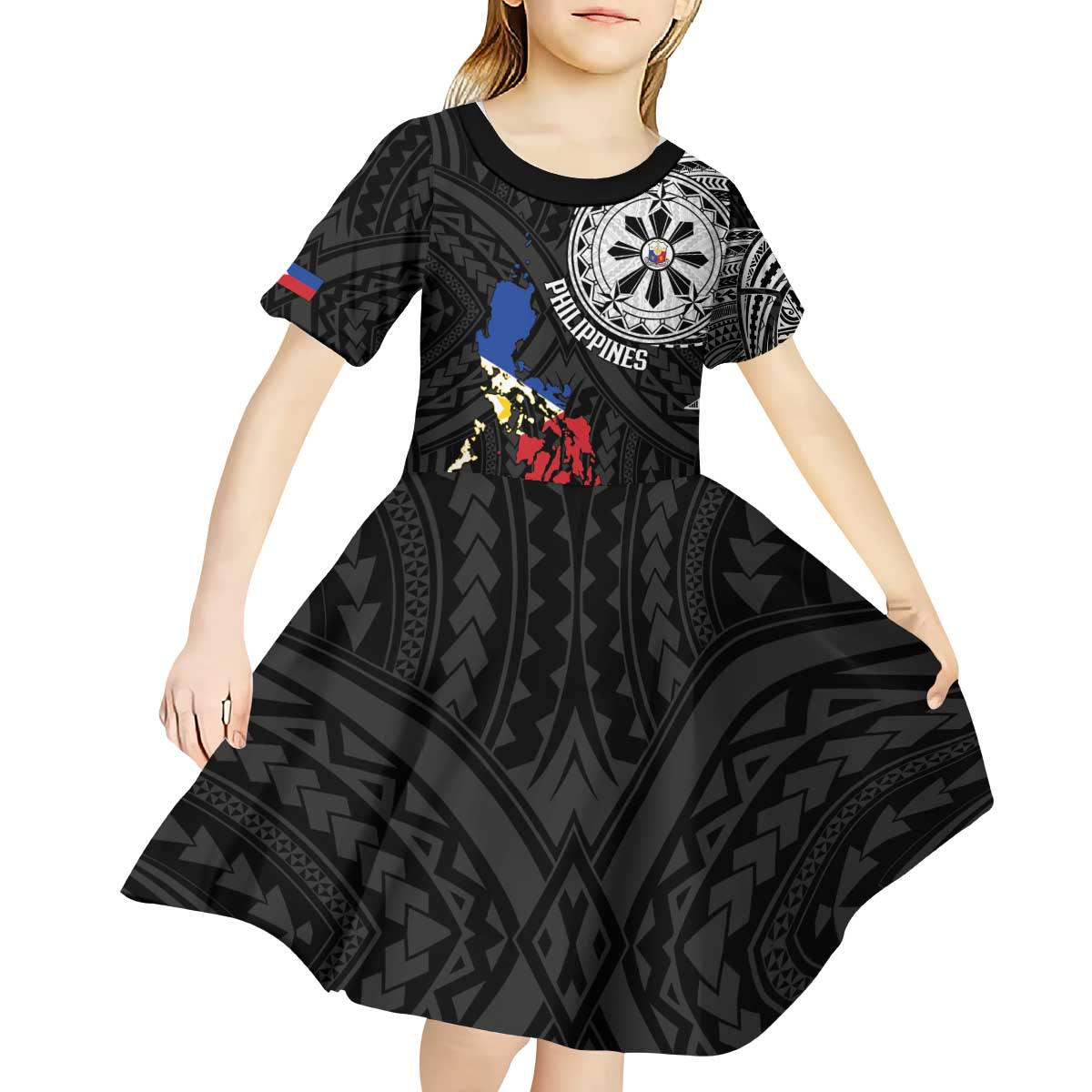Philippines Strong Kid Short Sleeve Dress Filipino Map Polynesian Tattoo - Wonder Print Shop