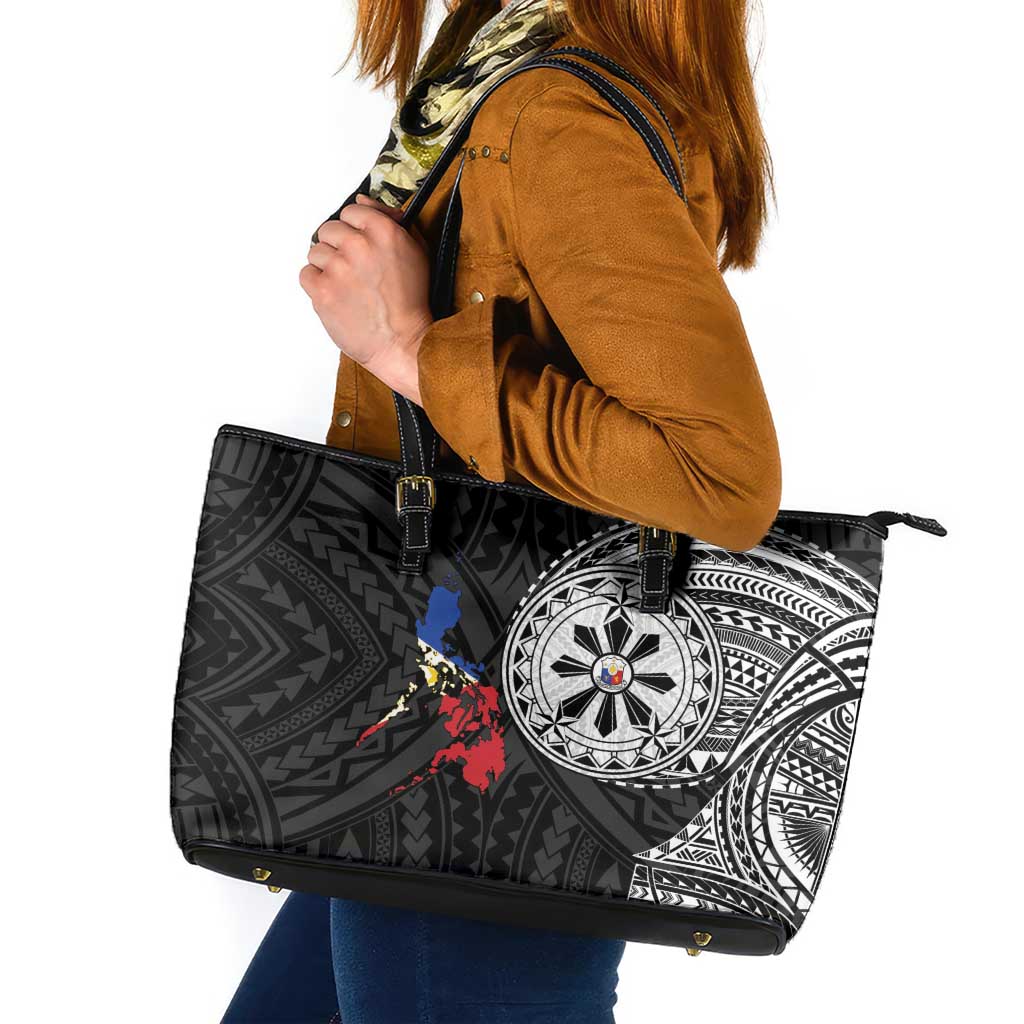Philippines Strong Leather Tote Bag Filipino Map Polynesian Tattoo - Wonder Print Shop